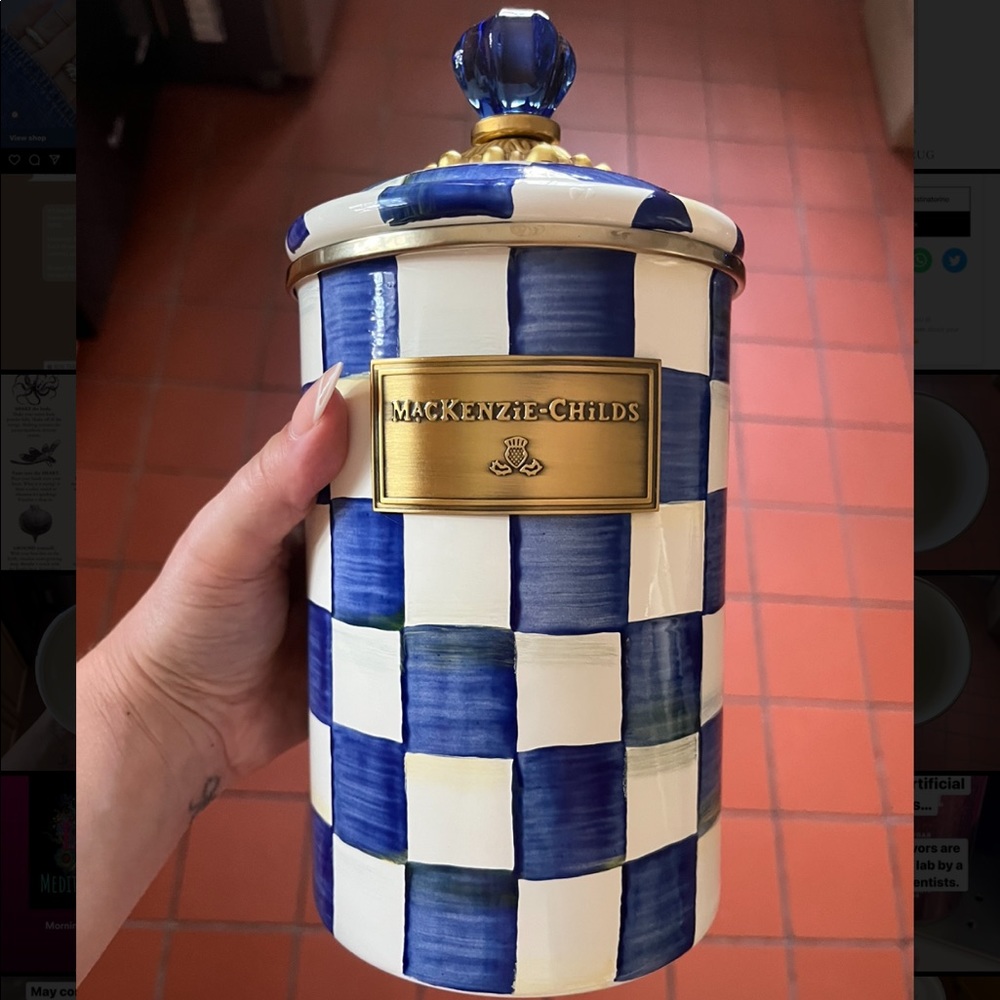 Mackenzie Childs Royal check Large Enamel Canister with lid
